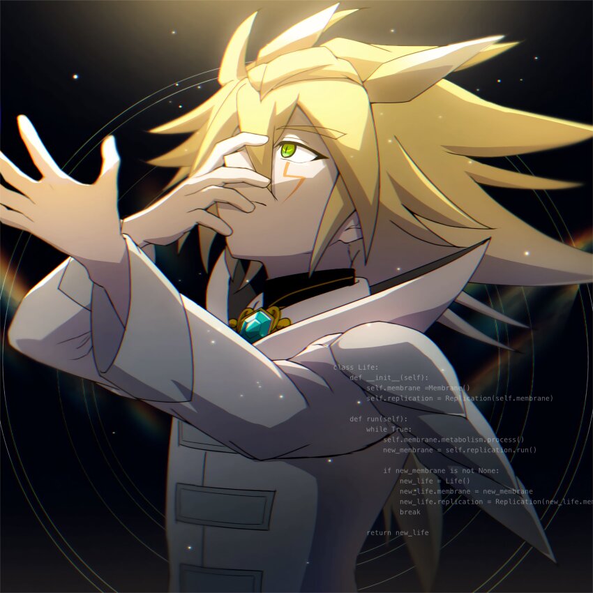 1boy antenna_hair armor atltax_00 black_background black_shirt blonde_hair coat dappled_sunlight facial_mark facing_to_the_side gem green_eyes green_gemstone grey_armor hair_over_one_eye hand_on_own_face hand_up highres jacket kuaidul_velgear light_particles looking_up male_focus military_jacket military_uniform open_hand outstretched_arm popped_collar shirt shoulder_armor spiked_hair sunlight white_coat yu-gi-oh! yu-gi-oh!_go_rush!!