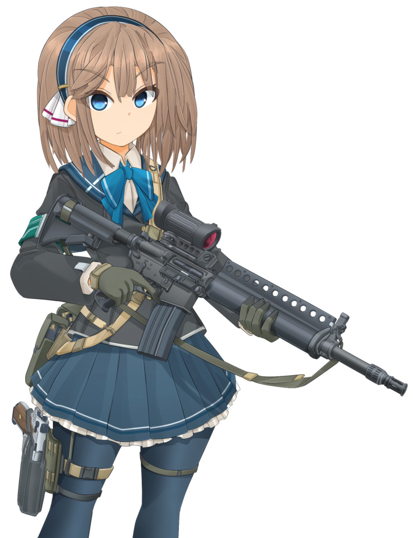 1girl advanced_combat_rifle_(military_program) advanced_individual_weapon_system_(military_program) advanced_infantry_weapon_system_(military_program) ar-15 assault_rifle belt black_jacket blue_bow blue_bowtie blue_eyes blue_hairband blue_pantyhose blue_skirt bow bowtie brown_hair carbine closed_mouth colt&#039;s_manufacturing_company colt_acr colt_industries commentary compensator cowboy_shot dress_shirt elcan_optical_technologies female_focus frilled_skirt frills frown gloves grey_gloves gun hair_ribbon hairband handguard handgun highres holding holding_gun holding_weapon holster human_engineering_laboratory jacket knight&#039;s_armament_company lightning_holes long_sleeves looking_at_viewer m145_machine_gun_optic m16 m16a2 m16a2e2 magazine_(weapon) medium_hair mikeran_(mikelan) military_program miniskirt muzzle_brake_compensator muzzle_device original pantyhose pleated_skirt prototype prototype_design rib_handguard ribbon rifle sam_browne_belt school_uniform scope shirt sight_(weapon) simple_background skirt solo standing stock_(firearm) telescopic_sight telescoping_stock thigh_holster thigh_strap trigger_discipline utility_belt weapon white_background white_ribbon white_shirt wing_collar