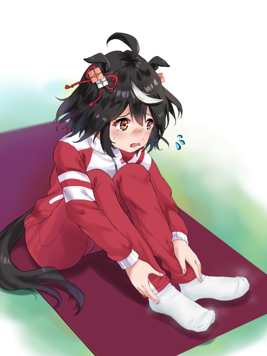 1girl absurdres ahoge animal_ears black_hair blush commentary_request evefly_megane_p feet frown hair_between_eyes highres horse_ears horse_girl horse_tail jacket kitasan_black_(umamusume) knees_up looking_at_viewer multicolored_hair no_shoes on_ground short_hair simple_background smell socks solo steaming_body streaked_hair tail track_jacket track_suit two_side_up umamusume white_background white_hair white_socks yellow_eyes