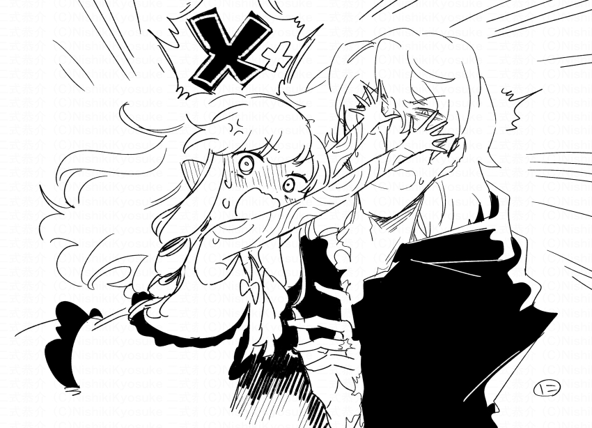 1boy 1girl anger_vein arms_up bare_arms bare_shoulders blush covering_another&#039;s_eyes curse_maker curse_maker_1 doctor_magus doctor_magus_4 dress ear_blush emphasis_lines etrian_odyssey greyscale hand_up highres hood hood_down hooded_robe long_hair monochrome nikki_kyousuke nose_blush pointy_ears robe simple_background sleeveless sleeveless_dress spoken_x very_long_hair white_background