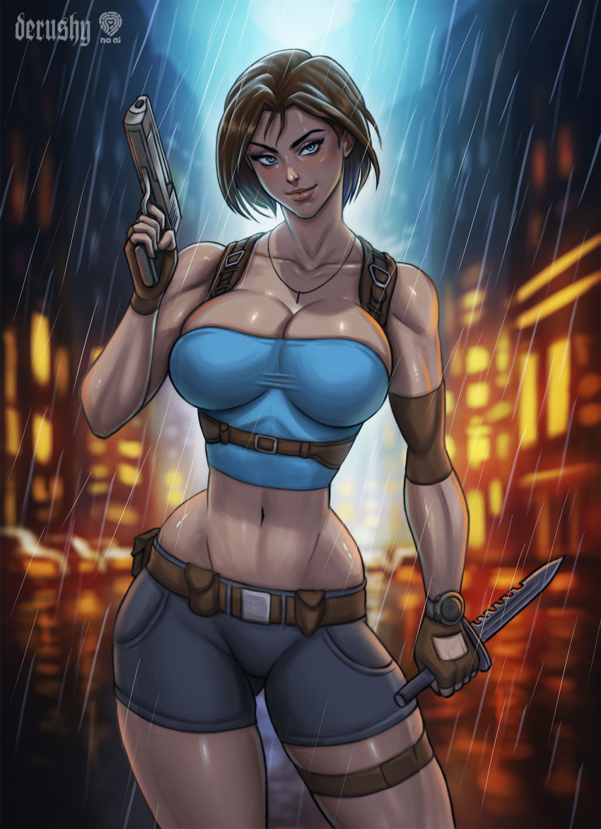 1girl breasts combat_knife derushy desert_eagle finger_on_trigger gun handgun highres jill_valentine knife large_breasts lowleg lowleg_shorts rain resident_evil resident_evil_3:_nemesis serrated_knife short_shorts shorts strapless tube_top weapon
