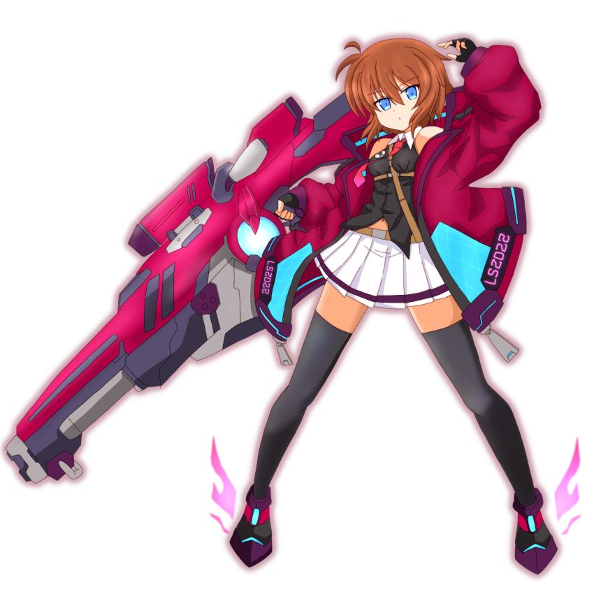 1girl absurdres alternate_costume arm_up black_boots black_gloves black_shirt black_thighhighs blouse blue_eyes boots brown_hair coat collared_shirt commentary_request energy_cannon fingerless_gloves frown full_body gloves highres holding holding_weapon long_sleeves looking_at_viewer lyrical_nanoha lyrical_store midriff_peek miniskirt navel necktie open_collar open_mouth partial_commentary pleated_skirt purple_coat red_necktie shirt short_hair simple_background skirt sleeveless sleeveless_shirt solo standing stern_the_destructor thighhighs toone_azuna weapon white_background white_skirt wing_collar zipper_pull_tab