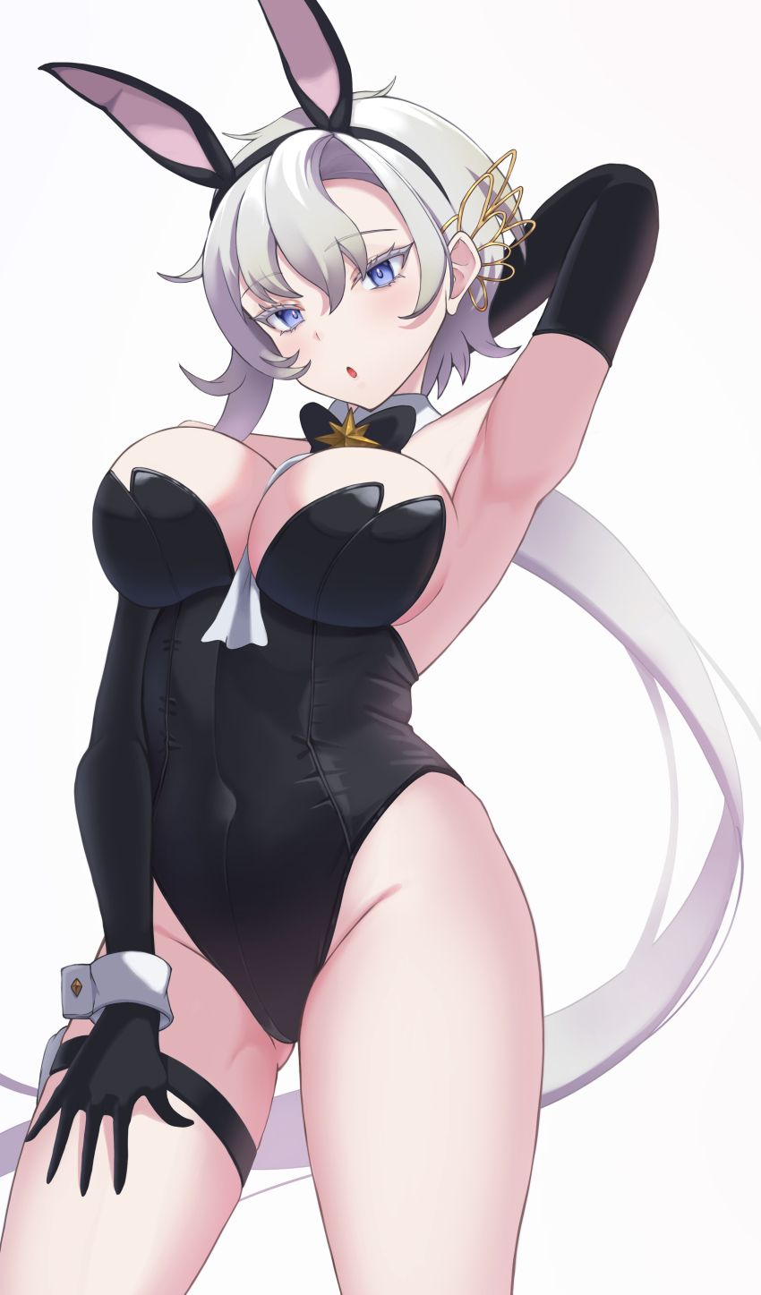 1girl :o absurdres alternate_costume animal_ears arm_behind_head armpits backless_leotard bare_shoulders between_breasts black_bow black_bowtie black_gloves black_leotard blue_eyes bow bowtie breasts brooch colored_eyelashes commission covered_navel detached_collar elbow_gloves fake_animal_ears floating_hair gloves groin hair_between_eyes hair_ornament hairclip hand_on_own_thigh handkerchief highres jewelry large_breasts leotard liora_walkyria long_hair low_ponytail playboy_bunny ponytail rabbit_ears rizzy sidelocks simple_background skeb_commission star_brooch strapless strapless_leotard thigh_strap thong_leotard tsurime v&amp;u_entertainment very_long_hair virtual_youtuber white_background white_hair wing_hair_ornament wrist_cuffs