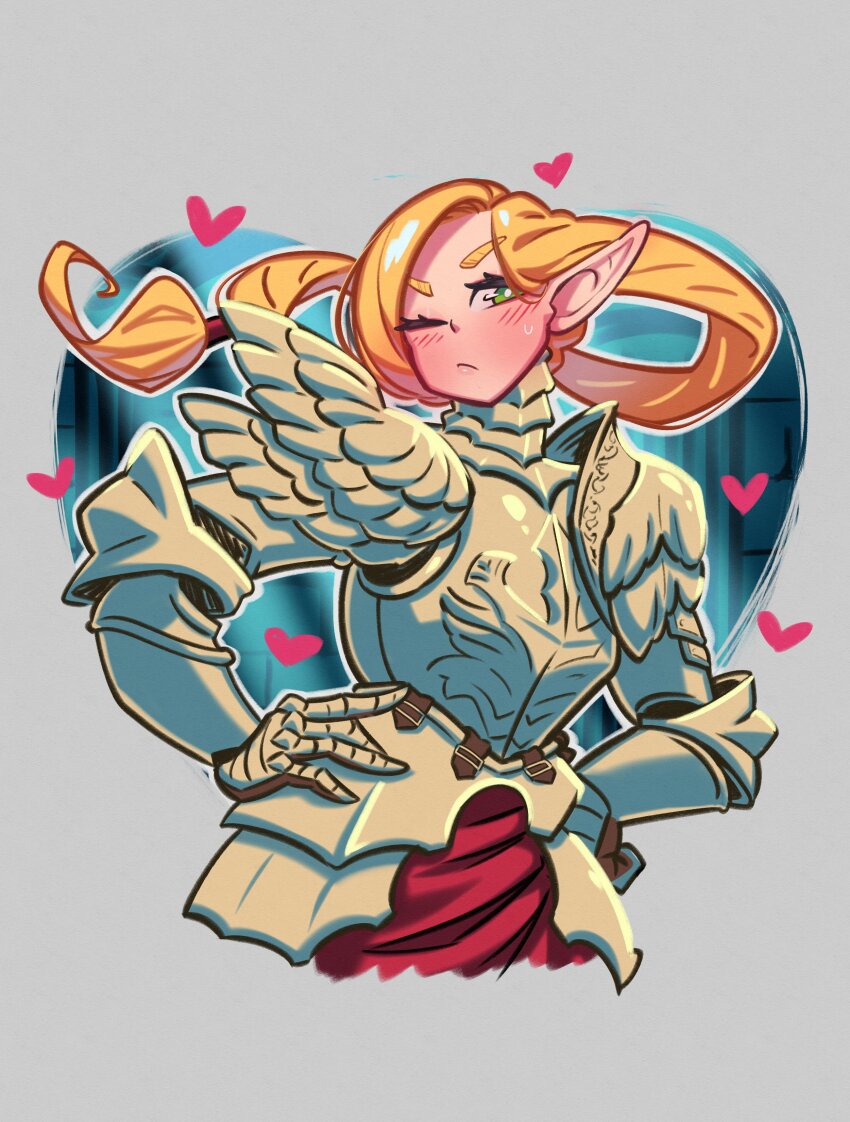 1girl absurdres alternate_costume armor blonde_hair braid closed_mouth cropped_torso dungeon_meshi elf fake_wings faulds floating_hair frown gauntlets gorget green_eyes grey_background hair_half_undone hair_tubes hands_on_own_hips hashtag-only_commentary heart highres living_armor_(dungeon_meshi) loen long_hair looking_at_viewer low-tied_sidelocks marcille_donato one_eye_closed pauldrons plate_armor pointy_ears shoulder_armor sidelocks solo sweat updo wings