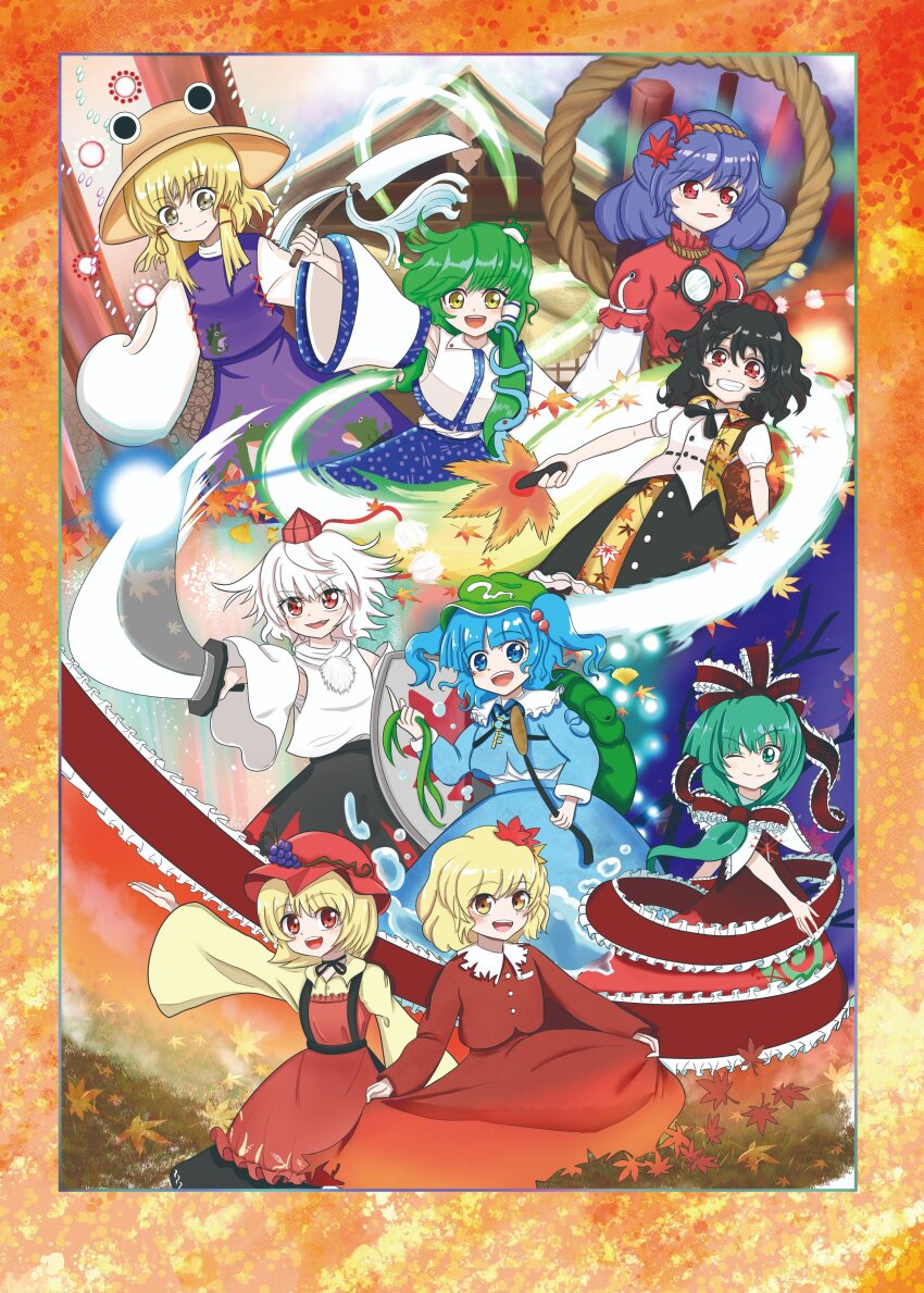 6+girls absurdres aki_minoriko aki_shizuha blonde_hair blue_eyes blue_hair front_ponytail green_eyes green_hair guminemi highres holding holding_sword holding_weapon inubashiri_momiji kagiyama_hina kawashiro_nitori kochiya_sanae looking_at_viewer moriya_suwako mountain_of_faith multiple_girls red_ribbon ribbon shameimaru_aya sword touhou weapon yasaka_kanako
