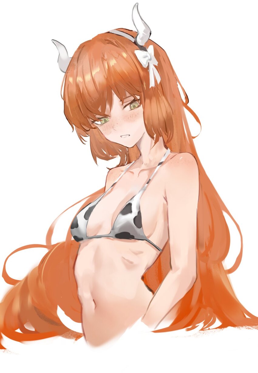 1girl animal_print cow_print freckles gnai highres horns ishmael_(project_moon) limbus_company orange_hair project_moon tagme