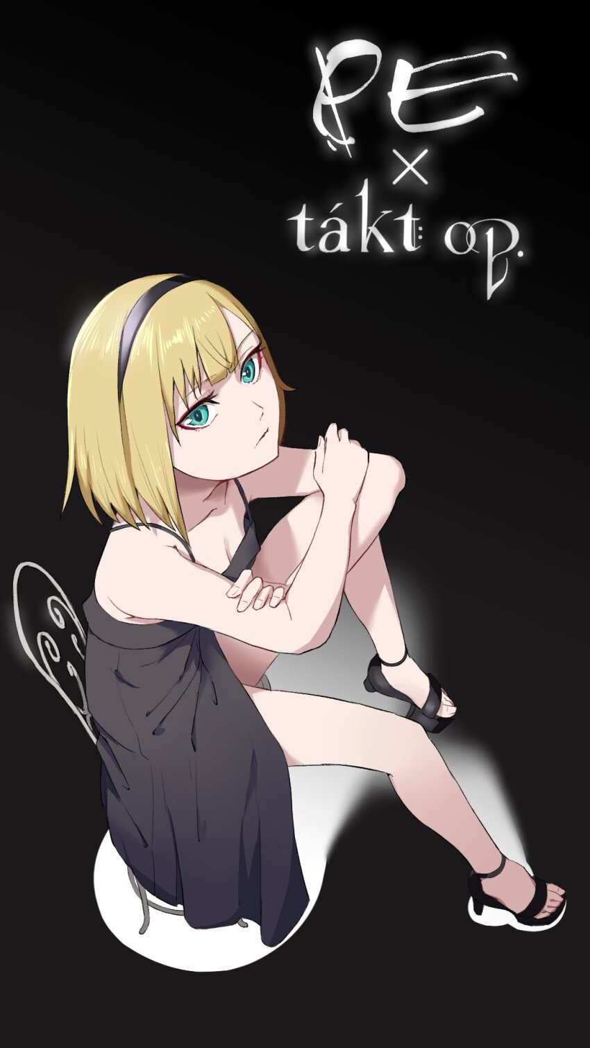 1girl aya_brea bare_legs bare_shoulders black_dress black_footwear black_hairband blonde_hair blue_eyes breasts chair cleavage clock1231 closed_mouth cosette_schneider cosplay dress full_body hairband high_heels highres legs looking_at_viewer parasite_eve_(series) parasite_eve_i short_hair sitting solo takt_op.