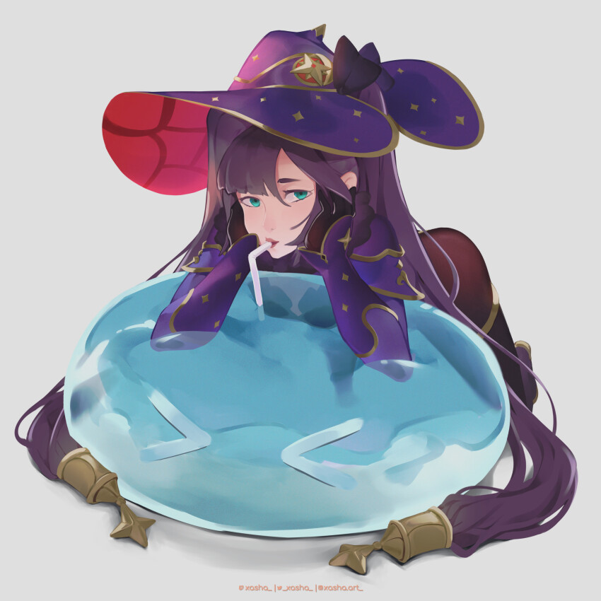 1girl artist_name black_hair breast_press breasts creature drinking_straw genshin_impact gloves green_eyes grey_background hat kneeling lips long_hair looking_at_viewer medium_breasts mona_(genshin_impact) slime slime_(genshin_impact) twintails very_long_hair xasha
