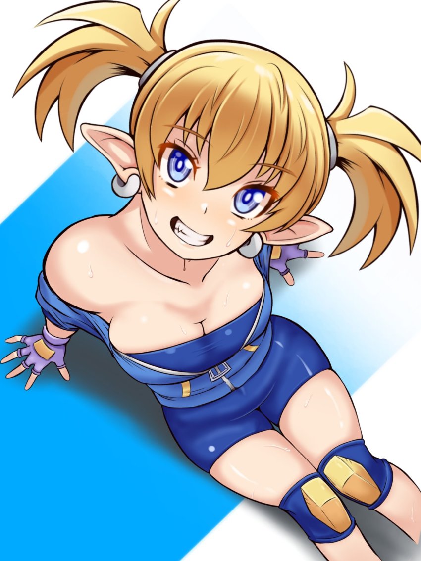 1girl arcana_heart arm_support bike_shorts blonde_hair breasts bursting_breasts cleavage demon_girl fingerless_gloves gloves grin highres jacket legs lilica_felchenerow looking_at_viewer medium_breasts pointy_ears sitting smile solo sweat thighs twintails unzipped