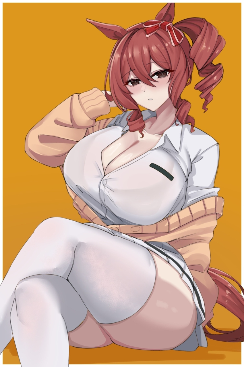 1girl animal_ears arm_up bow breasts brown_eyes brown_hair brown_tail cardigan cleavage collarbone collared_shirt commentary_request crossed_legs drill_hair drill_ponytail drill_sidelocks ear_ornament ear_ribbon hair_between_eyes highres horse_ears horse_girl horse_tail huge_breasts lengkuass looking_at_viewer miniskirt norn_ace_(umamusume) pleated_skirt red_ribbon ribbon shirt side_drill side_ponytail sidelocks simple_background skirt solo tail thick_thighs thighhighs thighs umamusume umamusume:_cinderella_gray white_shirt white_skirt white_thighhighs yellow_cardigan