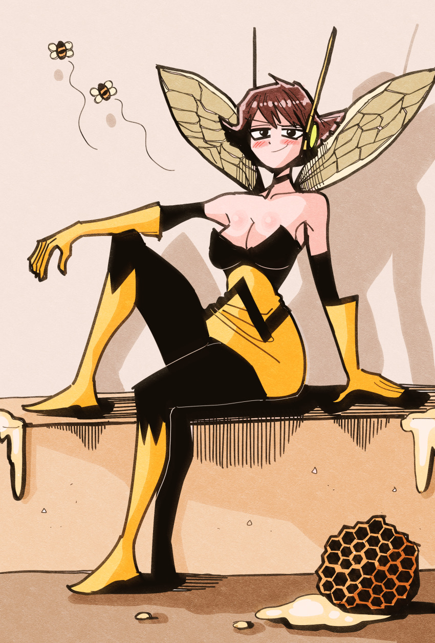 1girl absurdres avengers_(series) bee bee_wings black_eyes blush breasts brown_hair bug cleavage commission gloves hansoom_(latebirdwakeup) highres honeycomb_(object) insect insect_wings marvel medium_breasts sitting smile solo superhero_costume the_avengers:_earth&#039;s_mightiest_heroes! wasp_(marvel) wings yellow_gloves
