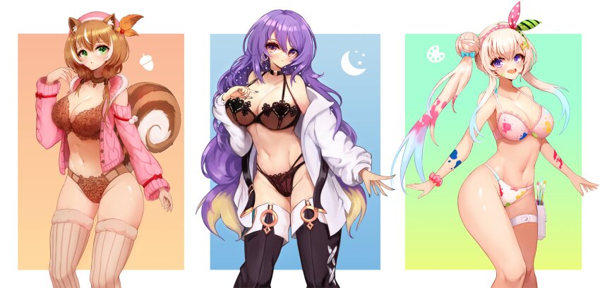 absurdres airani_iofifteen area_15 ayunda_risu bra breasts fur-trimmed_thighhighs fur_trim hat_ornament highres hololive hololive_indonesia large_breasts leaf_hat_ornament moona_hoshinova notte panties striped_clothes striped_thighhighs tagme thighhighs underwear vertical-striped_clothes vertical-striped_thighhighs virtual_youtuber