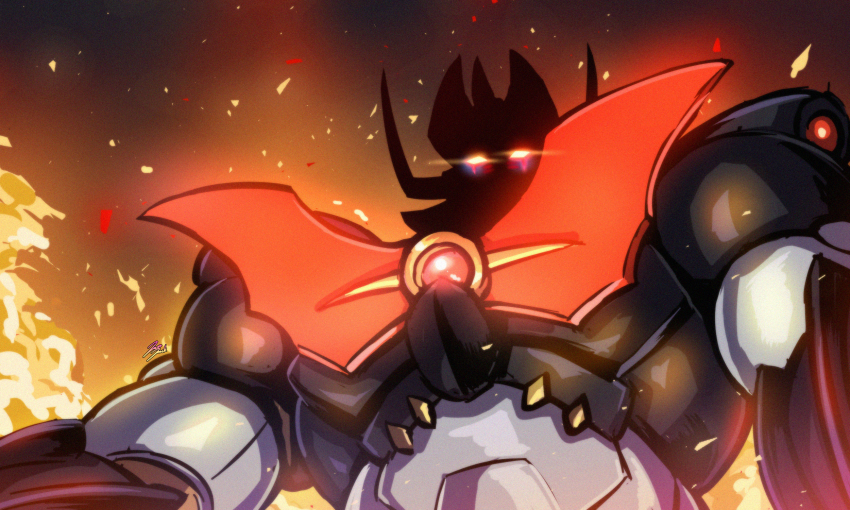 armor black_armor breastplate chest_jewel embers face_in_shadow fire gem glowing glowing_eyes highres horns jazz_jack looking_at_viewer mazinger_(series) mazinkaiser mazinkaiser_(robot) mecha mecha_focus red_gemstone robot solo super_robot upper_body