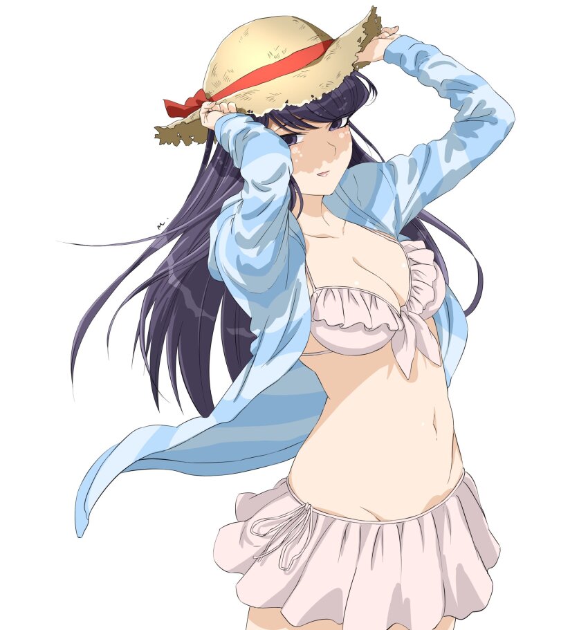 1girl :d bikini bikini_skirt blue_jacket breasts cleavage groin hands_up hat highres jacket komi-san_wa_komyushou_desu komi_shouko large_breasts miniskirt mitsugu navel open_clothes open_jacket open_mouth pink_skirt purple_eyes simple_background skirt smile solo stomach striped_clothes striped_jacket sun_hat swimsuit white_background
