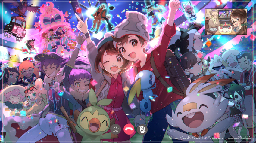6+boys 6+girls :d ;d ahoge alcremie allister_(pokemon) anniversary arm_up asymmetrical_bangs avery_(pokemon) backpack bag bea_(pokemon) beanie bede_(pokemon) beige_headwear black-framed_eyewear black_hair black_hoodie black_shirt blue-tinted_eyewear blue_eyes blue_hair blue_jacket brother_and_sister brown_eyes brown_hair buttons cable_knit cape cardigan champion_uniform cocoloco collared_dress collared_shirt commentary_request confetti copyright_name corviknight dark-skinned_female dark-skinned_male dark_skin dress earrings eyewear_on_head framed fur-trimmed_cape fur-trimmed_jacket fur_trim galar_mother game_freak gen_8_pokemon gloria_(pokemon) glowing gordie_(pokemon) green_eyes green_headwear grey_cardigan grey_headwear grookey gym_leader hair_bun hair_ornament hanging hat heart heart_hair_ornament honey_(pokemon) hood hoodie hoop_earrings hop_(pokemon) index_finger_raised jacket jewelry kabu_(pokemon) klara_(pokemon) leon_(pokemon) long_hair long_sleeves looking_at_viewer magnolia_(pokemon) marnie_(pokemon) mask melony_(pokemon) milo_(pokemon) morpeko morpeko_(full) mother_(pokemon) multicolored_hair multiple_boys multiple_girls mustard_(pokemon) nessa_(pokemon) nintendo one_eye_closed opal_(pokemon) open_mouth orange_hair orange_headwear peonia_(pokemon) peony_(pokemon) piers_(pokemon) pink_dress pink_hair plaid pokemon pokemon_(creature) pokemon_swsh purple_hair raihan_(pokemon) red_cape red_shirt scorbunny shielbert_(pokemon) shirt short_hair siblings side_ponytail single_hair_bun sleeves_rolled_up smile sobble sonia_(pokemon) sordward_(pokemon) stadium starter_pokemon_trio suitcase sun_hat sunglasses tam_o&#039;_shanter tinted_eyewear tongue towel towel_around_neck two-tone_hair victor_(pokemon) white_headwear yellow_eyes