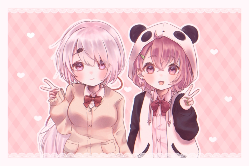 2girls animal_hood border bow brown_sweater cropped_legs drawstring hair_ornament hairclip hood looking_at_viewer mi_oxo_9m multiple_girls nijisanji open_mouth panda_hood pink_hair red_bow sasaki_saku sasaki_saku_(1st_costume) shiina_yuika shiina_yuika_(1st_costume) sweater v virtual_youtuber white_border