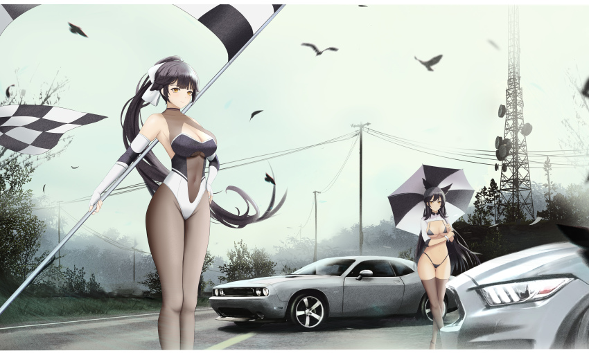 2girls absurdres animal_ears atago_(azur_lane) atago_(stunning_speedster)_(azur_lane) azur_lane backless_leotard bikini bird black_bikini black_hair breasts car checkered_flag cleavage commentary crop_top cropped_jacket dodge_(company) dodge_challenger dodge_challenger_(3rd_generation) dog_ears dog_girl falling_feathers feathers flag ford ford_mustang ford_mustang_s550 high_ponytail highres incredibly_absurdres kcar66t large_breasts leotard long_hair motor_vehicle multicolored_leotard multiple_girls muscle_car official_alternate_costume pantyhose ponytail power_lines product_placement race_queen revision road swimsuit takao_(azur_lane) takao_(full_throttle_charmer)_(azur_lane) thighhighs tower two-tone_leotard umbrella utility_pole