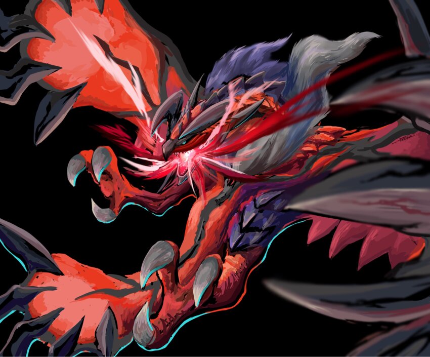black_background blue_eyes blue_sclera claws colored_sclera fangs gen_6_pokemon highres horns komagome legendary_pokemon nintendo no_humans open_mouth pokemon pokemon_(creature) pokemon_focus sharp_teeth simple_background solo talons teeth wings yveltal