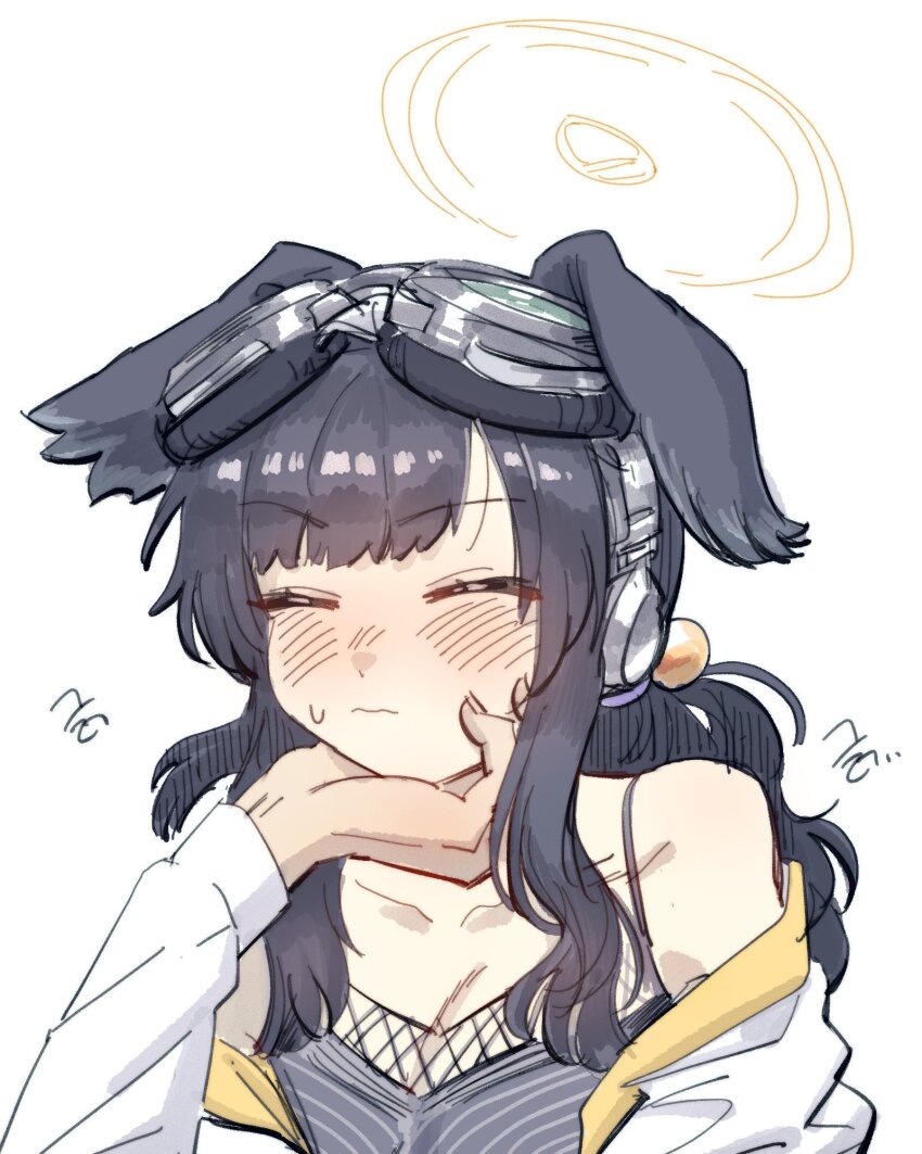 1boy 1girl animal_ears bare_shoulders black_hair blue_archive blush breasts cleavage closed_eyes closed_mouth dog_ears dog_girl goggles goggles_on_head hair_bobbles hair_ornament halo hand_on_another&#039;s_chin hibiki_(blue_archive) highres hobgoblin-kim korean_commentary long_hair low_twintails off_shoulder sensei_(blue_archive) simple_background small_breasts solo_focus sweat twintails upper_body white_background