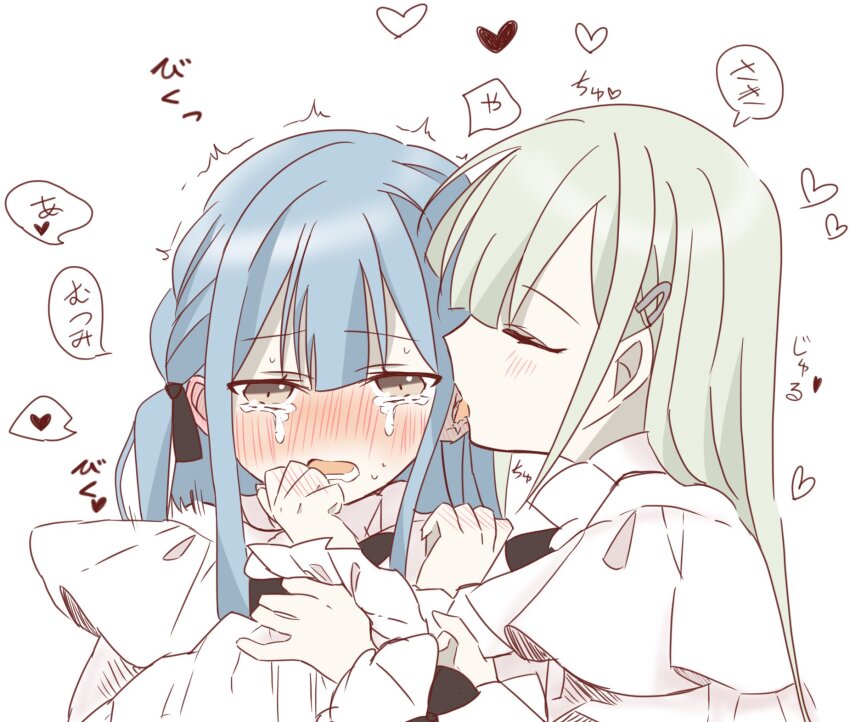 2girls bang_dream! bang_dream!_it&#039;s_mygo!!!!! blue_hair closed_eyes commentary dress ear_licking green_hair hair_ornament hairclip hand_blush heart highres holding_another&#039;s_wrist licking lilykuro_2nd long_hair multiple_girls simple_background spoken_heart sweat tears togawa_sakiko tongue tongue_out upper_body wakaba_mutsumi white_background white_dress yellow_eyes yuri