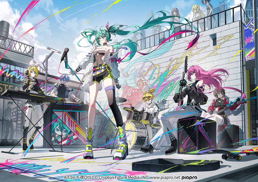 2boys 6+girls aqua_eyes aqua_hair black_gloves black_thighhighs blonde_hair blue_eyes breasts brown_hair copyright_notice day drum drum_set electric_guitar gloves graffiti guitar half-skirt hatsune_miku instrument jacket kagamine_len kagamine_rin kaito_(vocaloid) keyboard_(instrument) long_hair medium_breasts megurine_luka meiko_(vocaloid) multiple_boys multiple_girls off_shoulder open_clothes open_jacket outdoors pants pants_under_skirt pink_hair qys3 short_hair single_thighhigh thighhighs twintails two-tone_shorts vocaloid watermark web_address white_gloves