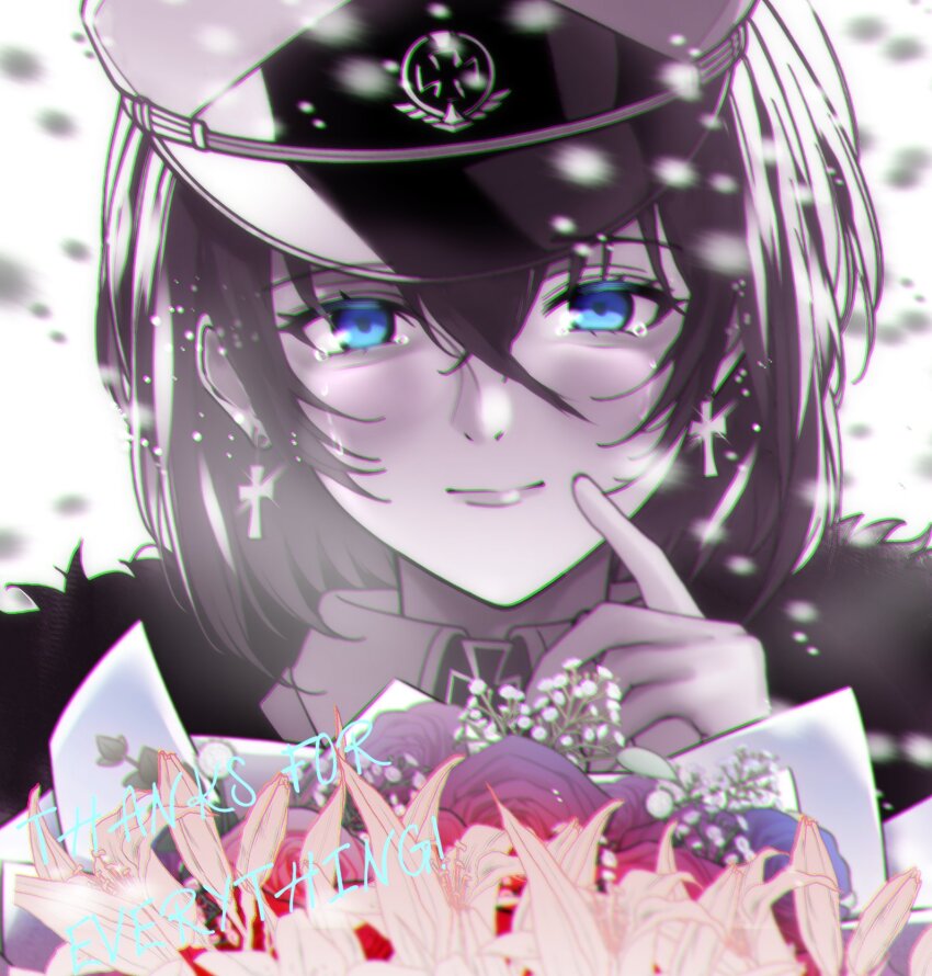 1girl art_undertaker azur_lane blue_eyes bouquet coat commentary cross cross_earrings crying earrings english_commentary flower fur-trimmed_coat fur_trim hair_between_eyes hat highres holding holding_bouquet iron_cross jewelry long_bangs looking_at_viewer peaked_cap red_flower sad_smile short_hair streaming_tears tanaka_atsuko tears tirpitz_(azur_lane) upper_body voice_actor_connection
