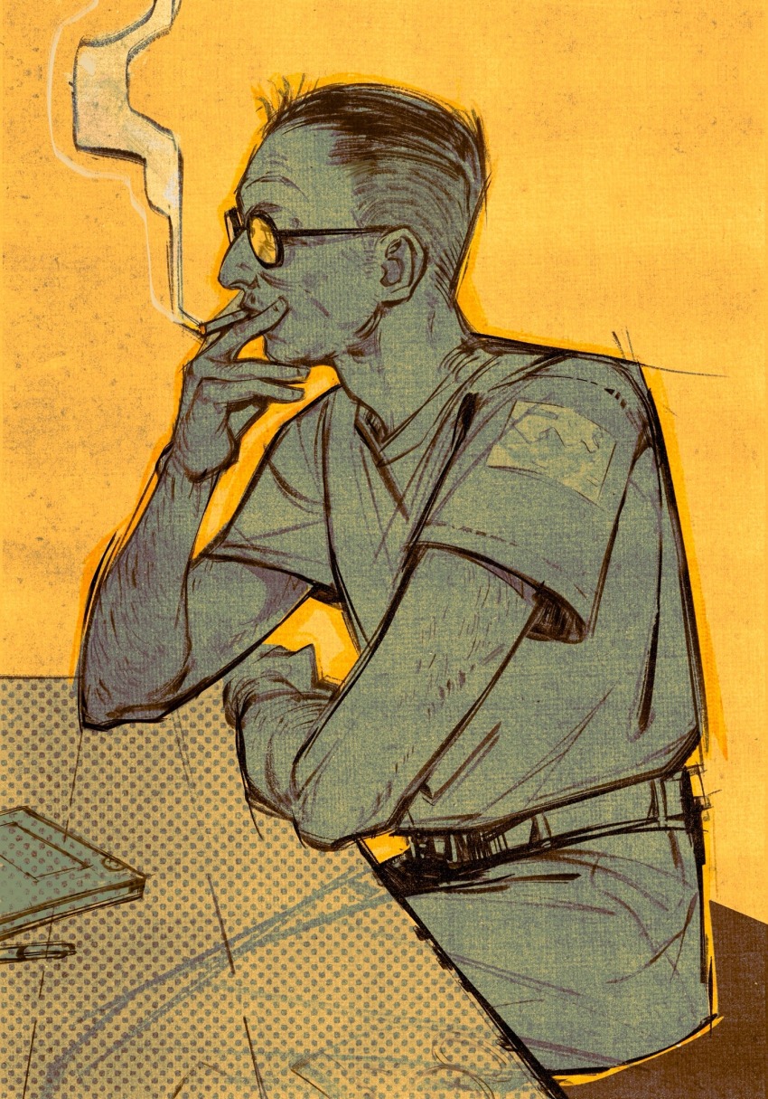 1boy arm_hair book cigarette disco_elysium green446004 highres kim_kitsuragi male_focus shirt short_hair short_sleeves sitting sketch smoking solo sunglasses yellow_background yellow_theme