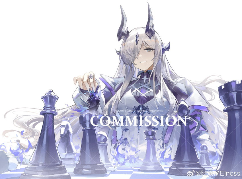 1girl arknights artist_name blonde_hair blue_eyes breasts chess_piece chinese_commentary coat commentary_request commission dragon_horns dress facial_mark forehead_mark from_below grin hair_ornament highres holding holding_chess_piece horns long_hair long_sleeves looking_at_viewer looking_down medium_breasts meinoss necrass_(arknights) red_pupils simple_background smile solo very_long_hair watermark weibo_watermark white_background white_coat white_dress