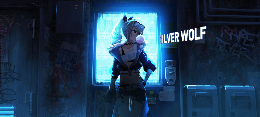 1girl absurdres alley backlighting belt black_bra black_gloves black_jacket black_shorts blowing_bubble_gum blowing_bubbles blue_bow blue_jacket bow bra breasts buckle character_name chewing_gum collarbone cowboy_shot cropped_jacket crossed_bangs dark de4d_fish door eyewear_on_head fingerless_gloves fur-trimmed_jacket fur_trim glasses gloves graffiti grey_eyes grey_hair hair_between_eyes hair_bow hand_on_own_hip high_ponytail highres honkai:_star_rail honkai_(series) jacket lead_pipe legs_together long_sleeves looking_to_the_side navel neon_lights open_clothes open_jacket outdoors ponytail puffy_sleeves purple-tinted_eyewear raised_eyebrows short_shorts shorts sidelocks silver_wolf_(honkai:_star_rail) small_breasts solo sports_bra stomach thigh_gap thigh_strap tinted_eyewear trash_can two-sided_fabric two-sided_jacket underwear vending_machine white_belt
