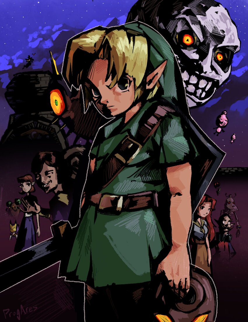 2girls 4boys anju_(zelda) blue_eyes brown_hair brown_skirt captain_keeta closed_eyes cloud cremia deku_butler everyone facial_hair frown gorman green_hat green_tunic grey_shirt hair_behind_ear happy_mask_salesman hat high-waist_skirt highres kafei keaton_mask link majora_(entity) male_focus mask moon_(zelda) multiple_boys multiple_girls mustache neck_ruff night night_sky nintendo parted_lips pointy_ears prog_ares purple_hair red_eyes red_shirt shirt short_hair skeleton skirt skull_kid sky smile solo_focus stalchild star_(sky) stray_fairy tael the_legend_of_zelda the_legend_of_zelda:_majora&#039;s_mask tingle tunic v-shaped_eyebrows young_link
