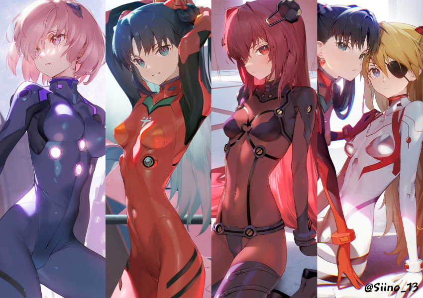4girls adapted_costume aged_down alternate_costume bident black_bodysuit black_hair blue_eyes bodysuit breasts closed_mouth cosplay covered_navel crossover earrings eva_02 evangelion:_2.0_you_can_(not)_advance evangelion:_3.0+1.0_thrice_upon_a_time fate/grand_order fate/stay_night fate_(series) floating_hair foot_out_of_frame full_body grin hair_between_eyes hair_over_one_eye hairpods hairstyle_connection hand_on_another&#039;s_shoulder head_tilt highres holding holding_shield impossible_bodysuit impossible_clothes interface_headset_(evangelion) jewelry lance_of_longinus_(evangelion) leaning_forward light_brown_hair lily_servant long_hair look-alike looking_at_viewer looking_away looking_to_the_side lord_camelot_(fate) mash_kyrielight mecha mecha_pilot_suit medium_breasts multicolored_bodysuit multiple_girls neon_genesis_evangelion on_one_knee open_mouth parted_bangs parted_lips pink_eyes pink_hair plugsuit_(evangelion) polearm purple_bodysuit purple_hair rebuild_of_evangelion red_bodysuit red_eyes robot scathach_(fate) shield short_hair siino simple_background sitting skin_tight small_breasts smile souryuu_asuka_langley souryuu_asuka_langley_(cosplay) teeth test_plugsuit_(evangelion) thighs tight_clothes tohsaka_rin trait_connection twintails twitter_username two_side_up tying_hair wariza weapon white_bodysuit