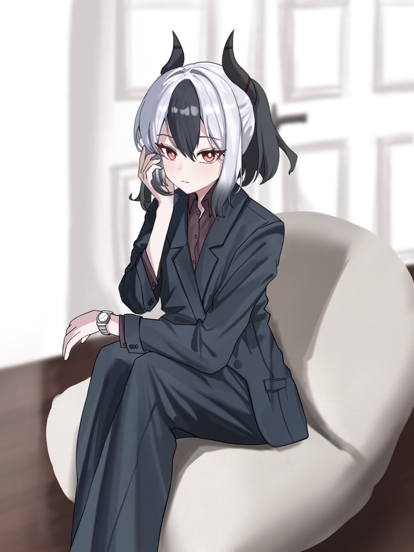 1girl :| absurdres alternate_costume black_hair black_horns black_jacket black_pants black_suit blue_archive brown_shirt buttoned_cuffs buttons chinese_commentary closed_mouth collared_shirt commentary_request demon_horns double-parted_bangs dress_shirt feet_out_of_frame formal_clothes gradient_hair hair_between_eyes highres holding holding_own_hair horns indoors jacket kayoko_(blue_archive) lapels layered_sleeves light_blush long_sleeves looking_at_viewer making-of_available multicolored_hair no_halo pants shirt short_hair sidelocks sitting solo streaked_hair striped_horns suit suit_jacket two-tone_hair white_hair xiaoxiaoyifan