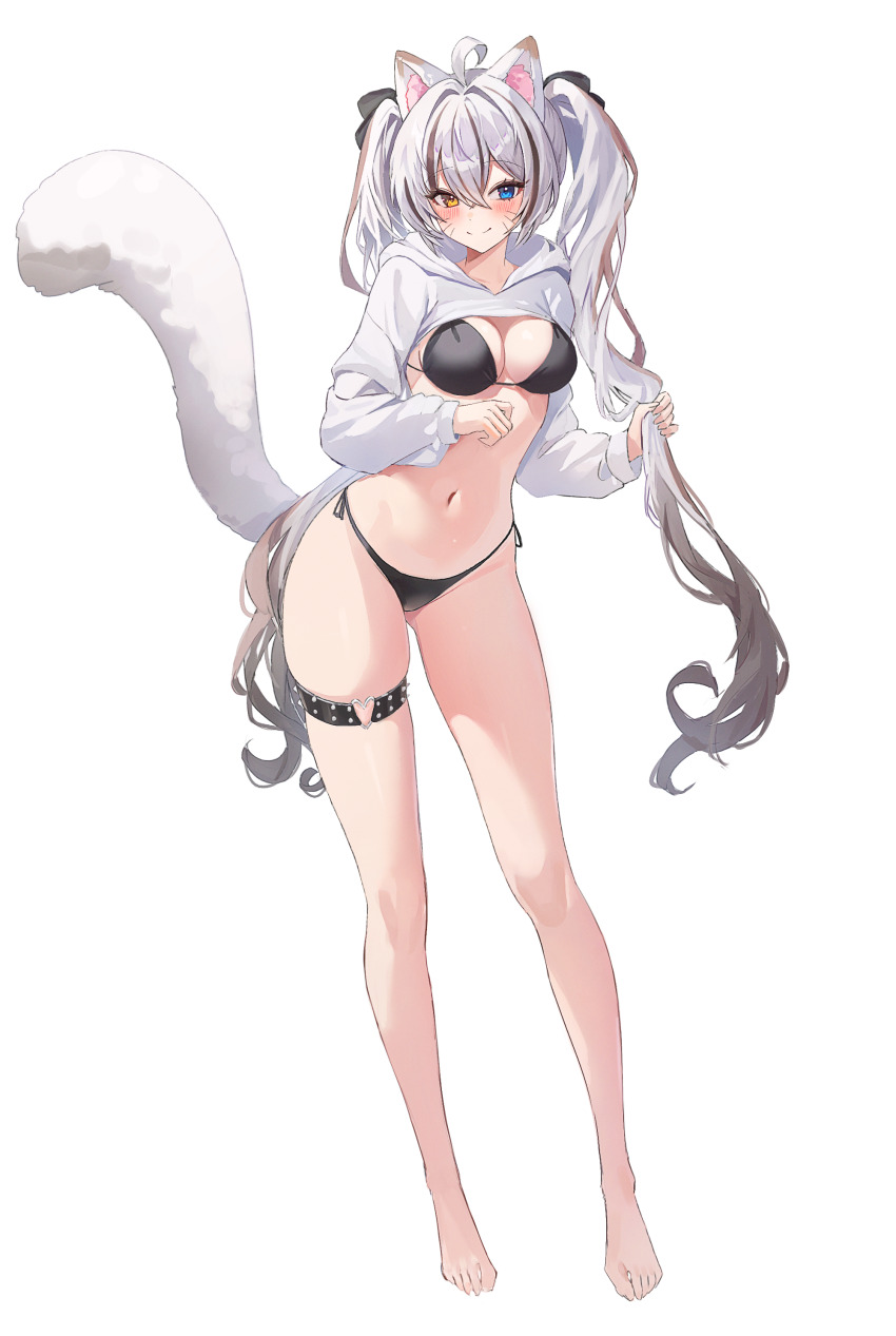 1girl absurdres ahoge animal_ears bare_legs barefoot bikini black_bikini black_hair blue_eyes bow breasts cat_ears cat_girl cat_tail cleavage closed_mouth commentary_request commission cropped_hoodie feet full_body gluteal_fold gradient_hair hair_between_eyes hair_bow heart heterochromia highres holding holding_own_hair hood hood_down hoodie korean_commentary long_hair long_legs long_sleeves looking_at_viewer medium_breasts mrr_05 multicolored_hair navel no_pants original puffy_long_sleeves puffy_sleeves second-party_source shrug_(clothing) side-tie_bikini_bottom smile solo standing stomach streaked_hair string_bikini studded_thigh_strap swimsuit tail tail_raised thigh_strap thighs twintails two-tone_hair very_long_hair whiskers white_hair white_hoodie yellow_eyes