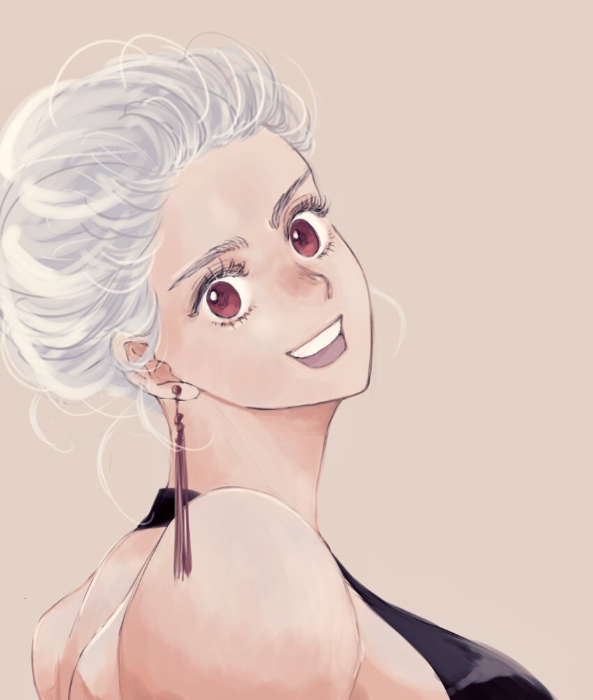 1girl commentary_request dorohedoro earrings hair_bun highres jewelry needbee_r noi_(dorohedoro) open_mouth pink_eyes profile simple_background smile solo teeth upper_body upper_teeth_only white_hair