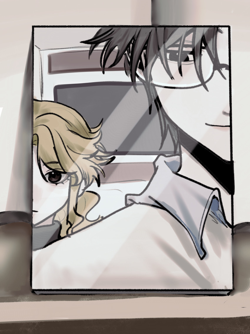 1boy 1girl absurdres alice_deross beijingban18388 black_eyes black_hair blonde_hair brown_hair chinese_commentary closed_mouth commentary_request curtained_hair glasses highres identity_v long_hair orpheus_(identity_v) semi-rimless_eyewear shirt short_hair smile wavy_hair white_shirt