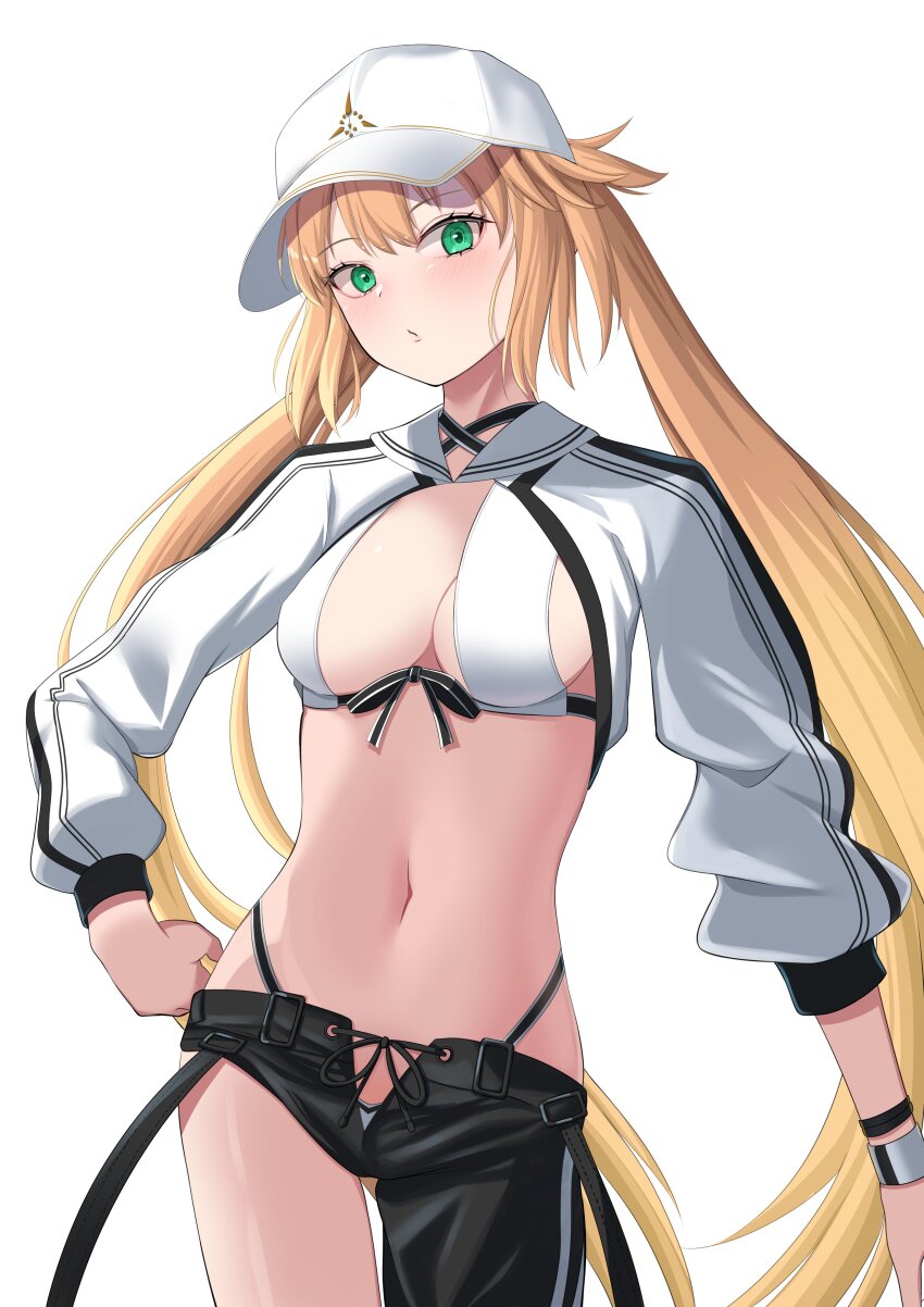 1girl absurdres artoria_caster_(fate) artoria_caster_(swimsuit_berserker)_(first_ascension)_(fate) artoria_pendragon_(fate) asymmetrical_clothes baseball_cap bikini black_pants blonde_hair blush breasts cleavage commentary_request fate/grand_order fate_(series) green_eyes hat highres long_hair long_sleeves looking_at_viewer medium_breasts navel nigori_(keydoor) pants shrug_(clothing) single_pantsleg solo swimsuit thighs twintails white_bikini white_hat white_shrug