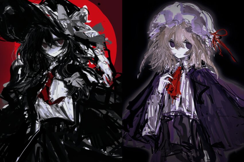 2girls akama_chlorine ascot black_eyes black_hair black_jacket black_skirt blonde_hair blue_eyes bow cape closed_mouth collared_shirt frilled_hat frills grey_bow hair_between_eyes hands_up hat hat_bow hat_ribbon highres jacket long_hair medium_hair mob_cap multiple_girls necktie no_pupils open_clothes open_jacket purple_cape purple_skirt red_ascot red_necktie red_ribbon ribbon shirt skirt smile solo touhou usami_renko white_shirt wide_brim