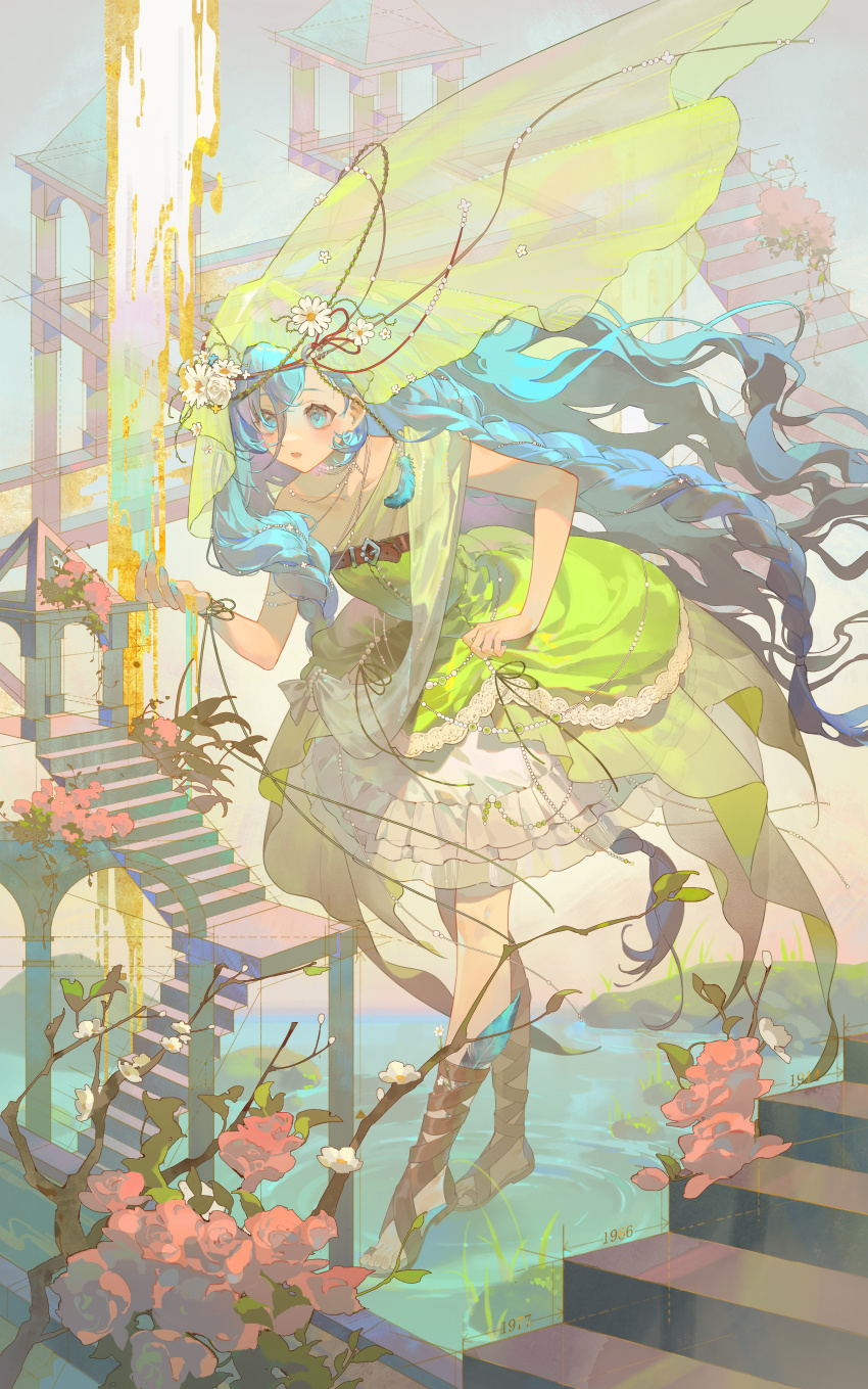 1girl 37_(happy_bird_catcher)_(reverse:1999) 37_(reverse:1999) :o absurdres blue_eyes blue_hair branch brown_sandals dress flower full_body green_dress green_veil hair_flower hair_ornament highres holding_water impossible_architecture leaning_forward lege_bushi_shiwu long_hair medium_dress official_alternate_costume pink_flower reverse:1999 sandals single_bare_shoulder single_off_shoulder solo stairs standing veil very_long_hair wading water waterfall white_flower