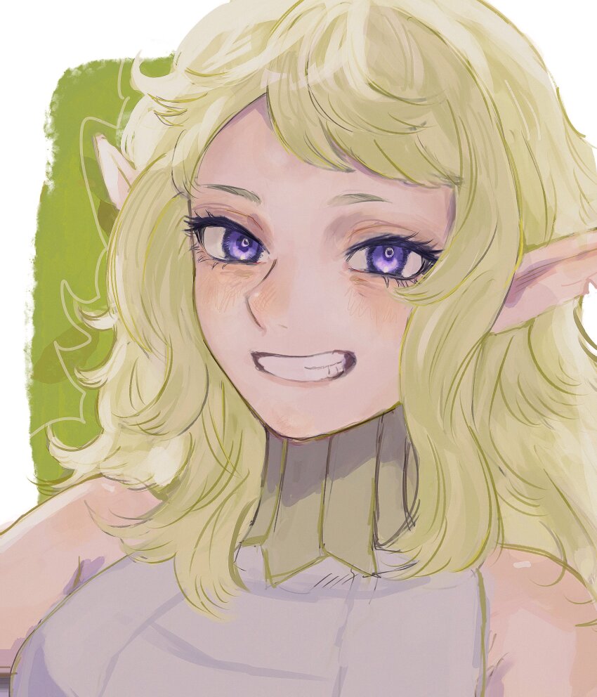 1girl absurdres blonde_hair blush border dungeon_meshi elf fleki gorget green_background grin highres long_hair looking_at_viewer momite_(3sita_yarou) notched_ear pointy_ears portrait purple_eyes shirt short_bangs sleeveless sleeveless_shirt smile solo teeth wavy_hair white_border