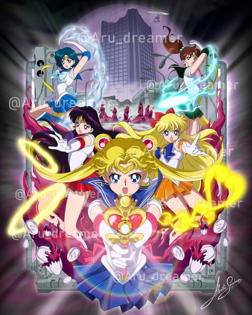 5girls aino_minako aru_dreamer bishoujo_senshi_sailor_moon black_hair blonde_hair blue_eyes blue_hair brown_hair building earrings electricity fire green_eyes highres hino_rei jewelry kino_makoto long_hair magical_girl miniskirt mizuno_ami multiple_girls ponytail purple_eyes sailor_jupiter sailor_mars sailor_mercury sailor_moon sailor_venus short_hair short_sleeves skirt tsukino_usagi twintails very_long_hair water