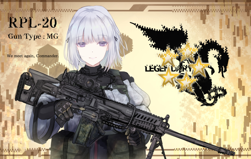 1girl absurdres black_gloves character_name english_text fake_screenshot girls&#039;_frontline gloves gun highres holding holding_gun holding_weapon light_machine_gun machine_gun martinreaction medium_hair pouch purple_eyes rpk-16 rpk-16_(girls&#039;_frontline) scope smile solo tactical_clothes weapon white_hair