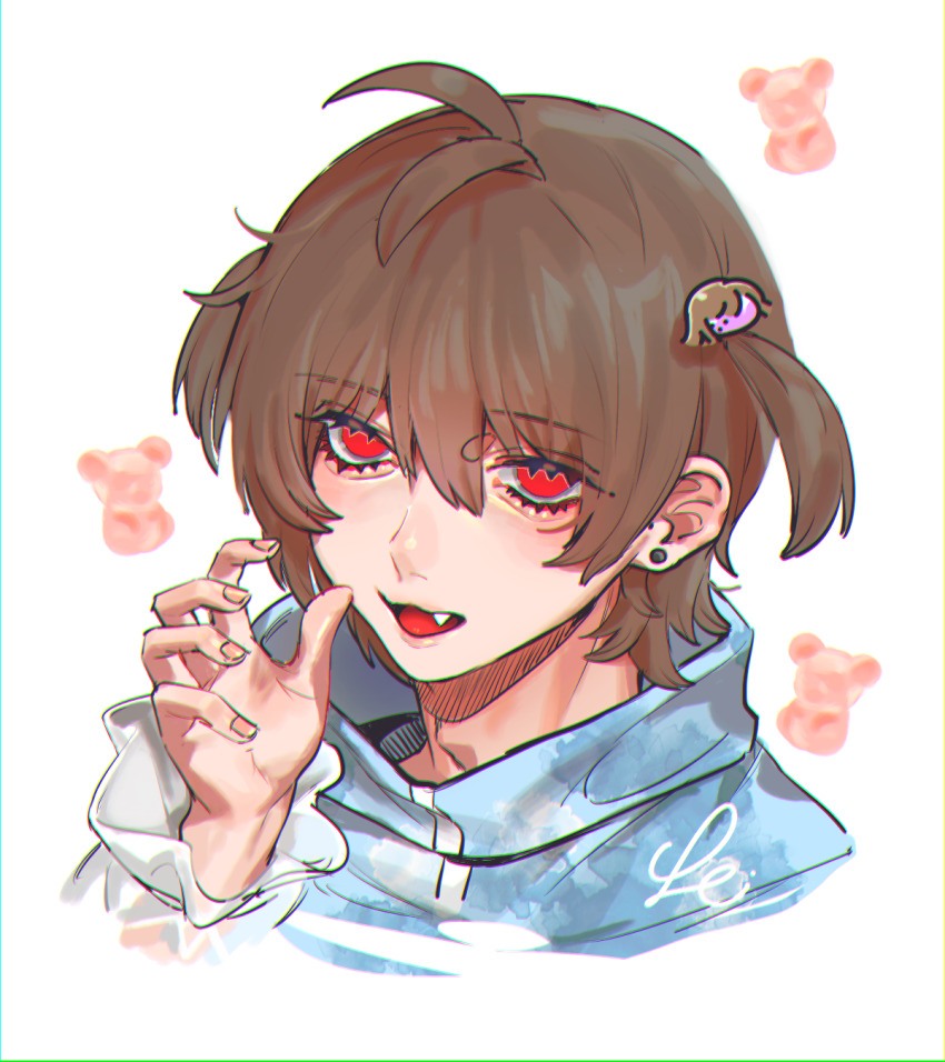 1other adam&#039;s_apple aegyo_sal alternate_costume alternate_hairstyle antenna_hair blue_jacket brown_hair character_hair_ornament chromatic_aberration claw_pose commentary_request cropped_shoulders deltarune earrings empty_eyes fang frilled_sleeves frills from_above hair_between_eyes hair_ornament hand_up hatching_(texture) highres hood hood_down hooded_jacket jacket jewelry kris_(deltarune) long_sleeves looking_at_viewer no_pupils open_mouth other_focus red_eyes se_(hanahide) short_hair simple_background smile solo stud_earrings susie_(deltarune) tongue two_side_up white_background