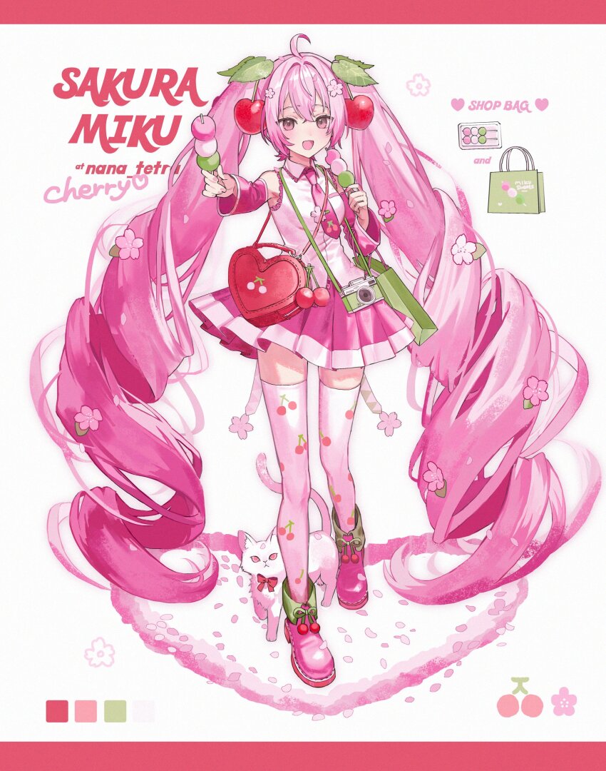 1girl ahoge artist_name bag blush boots border cat character_name character_request cherry_hair_ornament cherry_ornament collared_shirt detached_sleeves drill_hair english_text flower food food-themed_hair_ornament full_body hair_between_eyes hair_flower hair_ornament handbag hatsune_miku highres holding holding_food long_hair nana_tetra necktie open_mouth pink_boots pink_eyes pink_hair pink_necktie pink_petals pink_skirt pink_sleeves red_border sakura_miku shirt simple_background skirt solo standing thighhighs twin_drills very_long_hair vocaloid white_background white_cat white_shirt white_thighhighs zettai_ryouiki