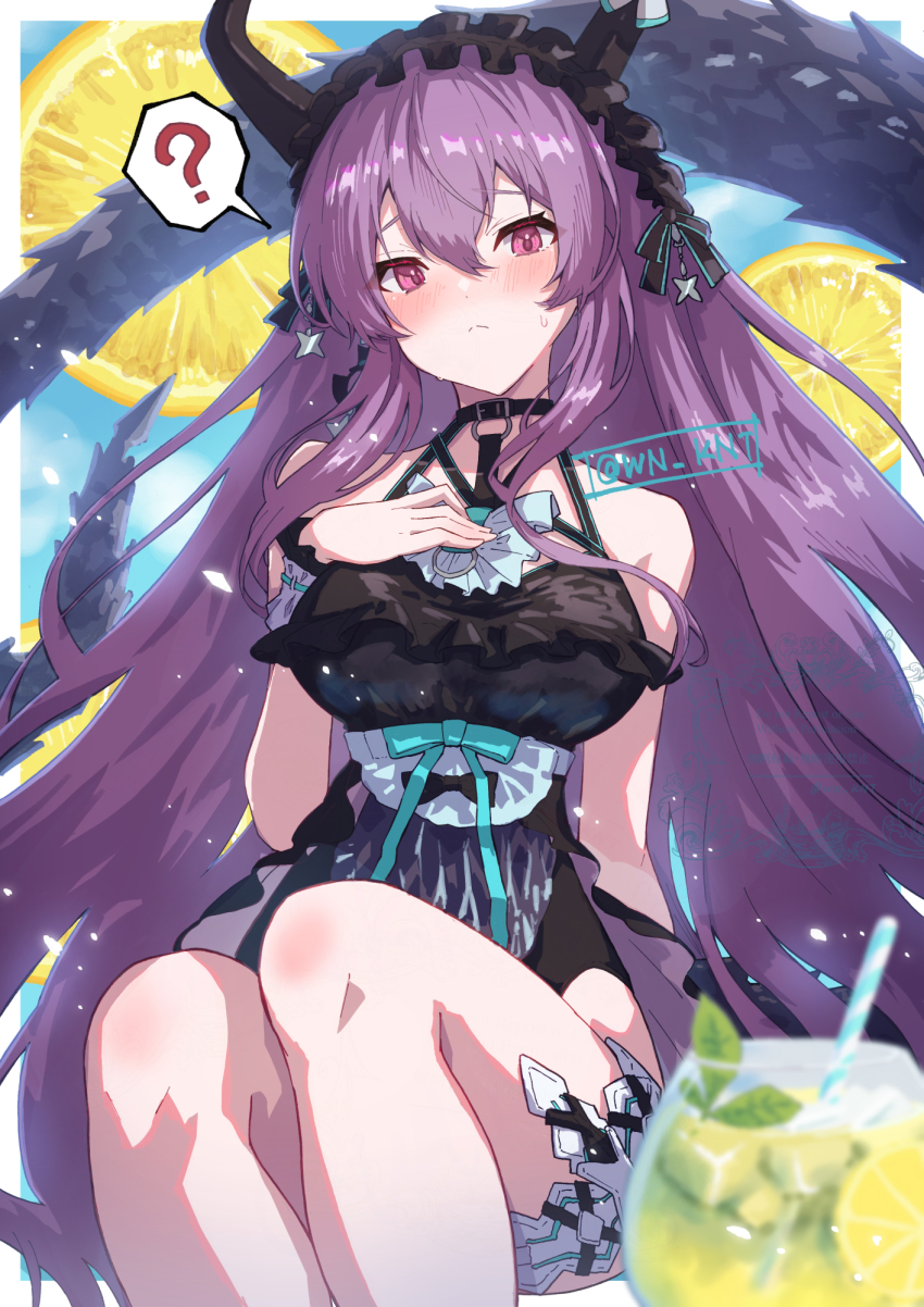 1girl ? arknights artist_name bare_shoulders black_hairband black_one-piece_swimsuit blue_bow blush bow breasts buckle casual_one-piece_swimsuit closed_mouth colored_skin commentary_request cup drinking_glass drinking_straw feet_out_of_frame food frilled_one-piece_swimsuit frills fruit hairband hand_on_own_chest highres horns ice ice_cube invisible_chair large_breasts lemon lemon_slice light_particles lolita_hairband long_hair one-piece_swimsuit pink_eyes purple_hair sitting solo speech_bubble spoken_question_mark swimsuit tail thigh_strap typhon_(arknights) typhon_(temperature_difference)_(arknights) very_long_hair wn_(wani-noko) wrist_cuffs