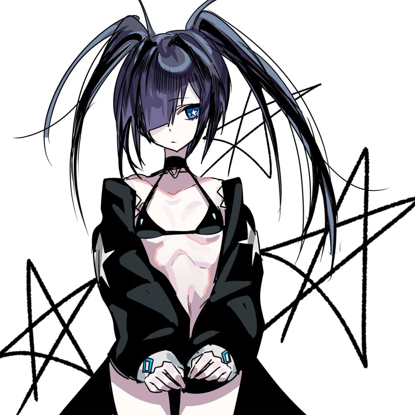 bikini black_bikini black_hair black_jacket black_rock_shooter black_rock_shooter_(character) blue_eyes choker closed_mouth cowboy_shot diamond_(shape) flat_chest ggxdgbkof hair_over_one_eye highres jacket long_sleeves looking_to_the_side off_shoulder open_clothes open_jacket pale_skin pentagram star-shaped_pupils star_(symbol) swimsuit symbol-shaped_pupils twintails uneven_twintails
