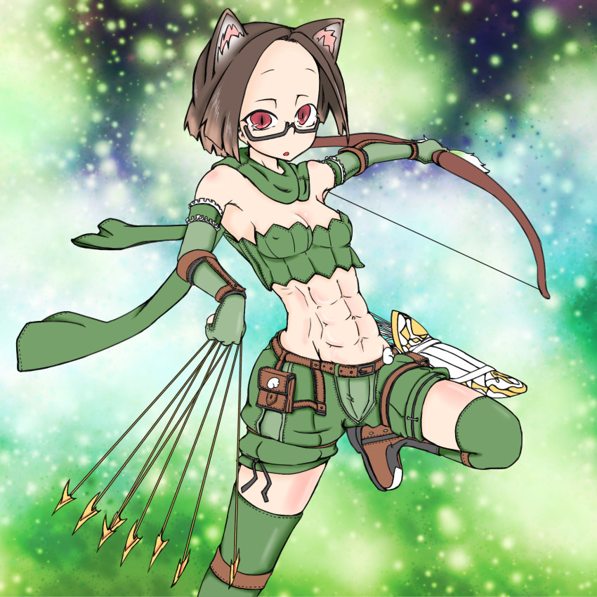 1girl abs animal_ears arrow_(projectile) between_fingers black-framed_eyewear boots bow_(weapon) breasts brown_boots brown_hair cat_ears cat_girl cleavage commentary_request elbow_gloves fingerless_gloves foot_out_of_frame forehead glasses gloves green_background green_gloves green_scarf green_shorts green_thighhighs green_tube_top highres holding holding_bow_(weapon) holding_weapon looking_at_viewer navel open_mouth quiver ragnarok_iris ragnarok_online ranger_(ragnarok_online) red_eyes scarf short_hair shorts small_breasts solo strapless thighhighs toned toned_female tube_top weapon