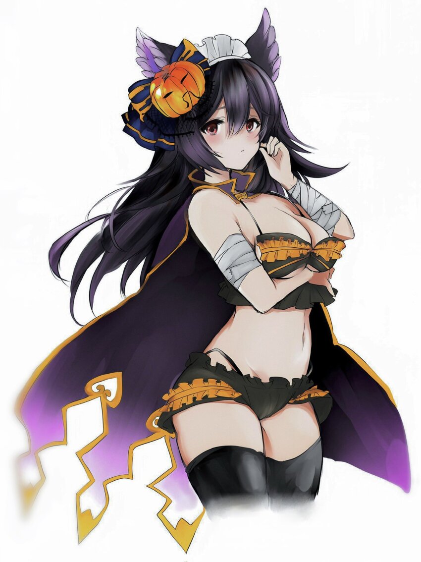 1girl alternate_costume animal_ears black_hair breasts double-parted_bangs erune granblue_fantasy hair_between_eyes halloween_costume highres large_breasts long_hair navel nier_(granblue_fantasy) red_eyes sekaisan_cos simple_background solo white_background