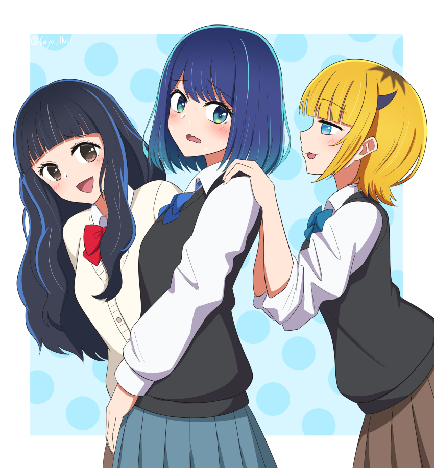 3girls :3 :d absurdres artist_name black_hair black_sweater_vest blonde_hair blue_background blue_bow blue_bowtie blue_eyes blue_hair blue_skirt blunt_bangs blush border bow bowtie brown_cardigan brown_eyes brown_skirt cardigan collared_shirt commentary_request cowboy_shot demon_horns hand_on_another&#039;s_shoulder highres horns kurokawa_akane long_hair long_sleeves medium_hair mem-cho multicolored_hair multiple_girls no_pupils open_mouth oshi_no_ko pleated_skirt puffy_sleeves red_bow red_bowtie roots_(hair) ryochan96154 school_uniform shadow shirt short_hair sidelocks skirt sleeves_rolled_up smile sumi_yuki sweater_vest wavy_mouth white_border white_shirt