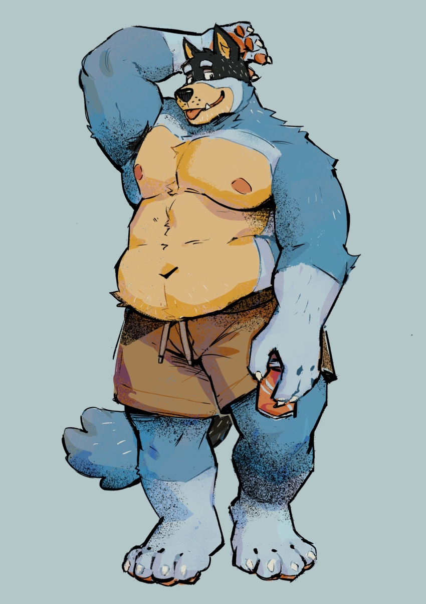 1boy animal_ears bandit_heeler bara barefoot belly bluey brown_pants can claws commentary dog_boy dog_ears dog_tail drink_can english_commentary fang fat fat_man furry furry_male highres holding holding_can looking_at_viewer male_focus navel nipples open_mouth pants pawpads smile soda_can starlimisky tail tongue tongue_out topless_male