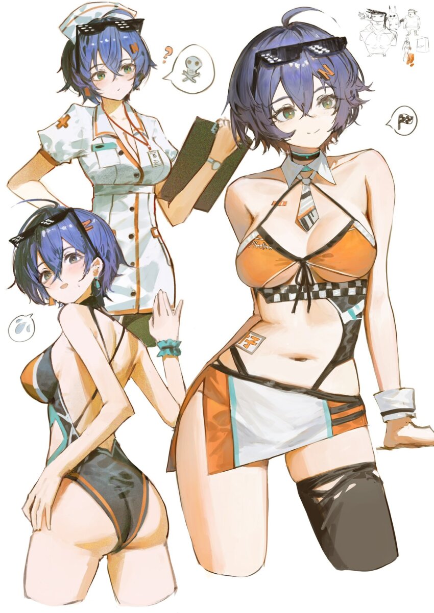 1girl alternate_costume ass backless_swimsuit belle_(zenless_zone_zero) black_choker black_one-piece_swimsuit blue_hair blush breasts choker clipboard commentary_request cropped_legs deal_with_it_(meme) detached_collar dress earrings eyewear_on_head green_eyes hair_ornament highres holding holding_clipboard jewelry letter_hair_ornament lunifish medium_breasts meme multiple_views navel nurse one-piece_swimsuit race_queen short_hair smile spoken_sweatdrop stomach sweatdrop swimsuit white_background white_dress zenless_zone_zero